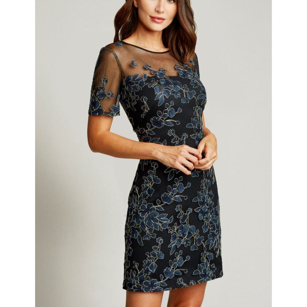 TADASHI SHOJI Cardea Embroidered Floral Tulle Cocktail Dress Size 6 Navy Gold - Picture 7 of 14